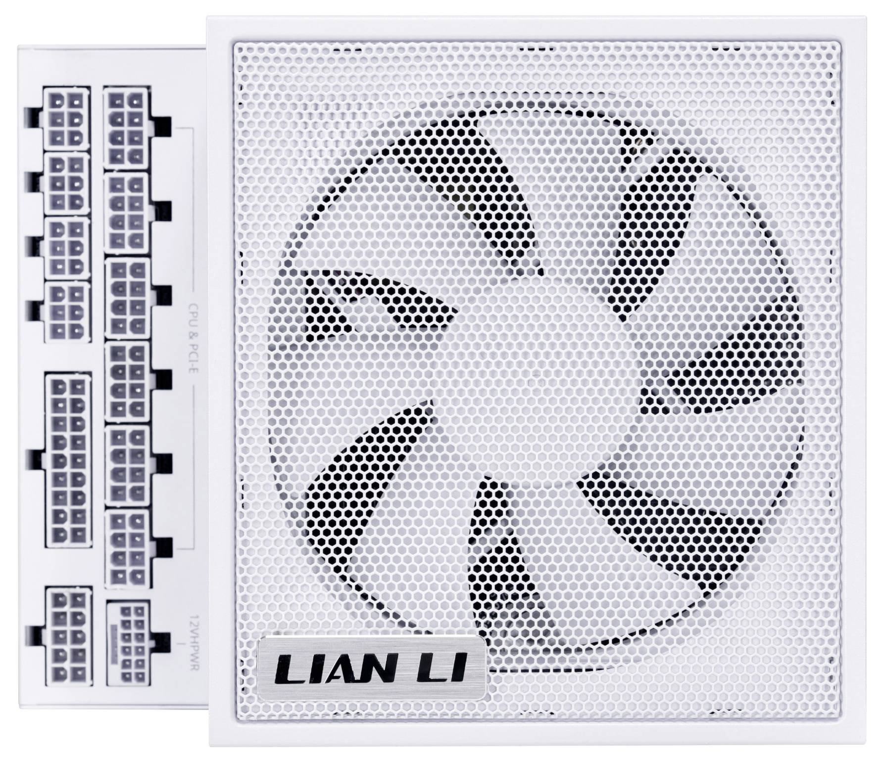 Ein weißes Computer-Netzteil mit einem großen Kühlventilator und mehreren Anschlüssen für Konnektivität, mit der Aufschrift 'Lian Li'.