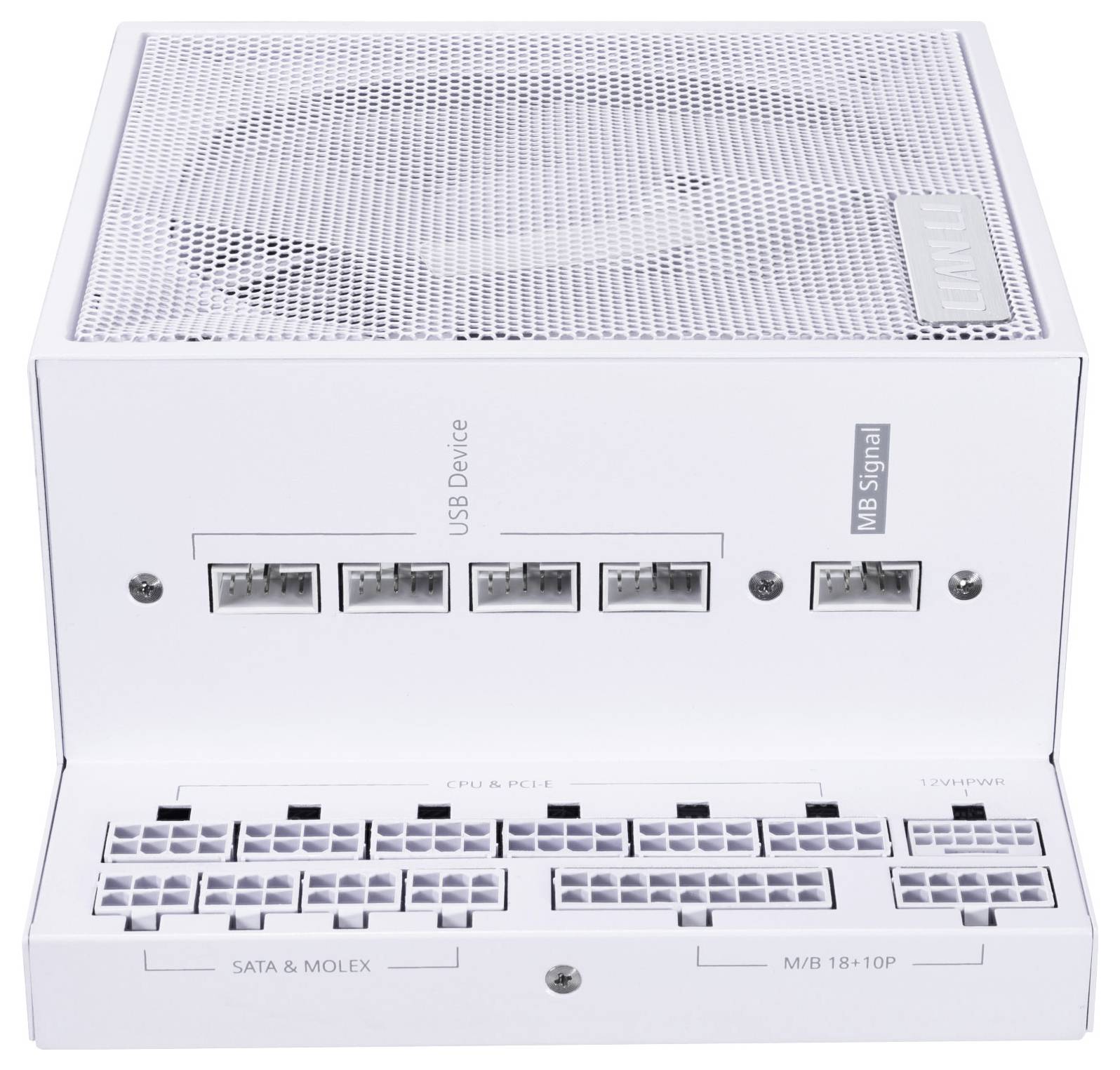 Weißes Computernetzgerät mit mehreren Kabelanschlüssen, beschriftet für USB-, SATA-, Molex- und Motherboard-Anschlüsse.
