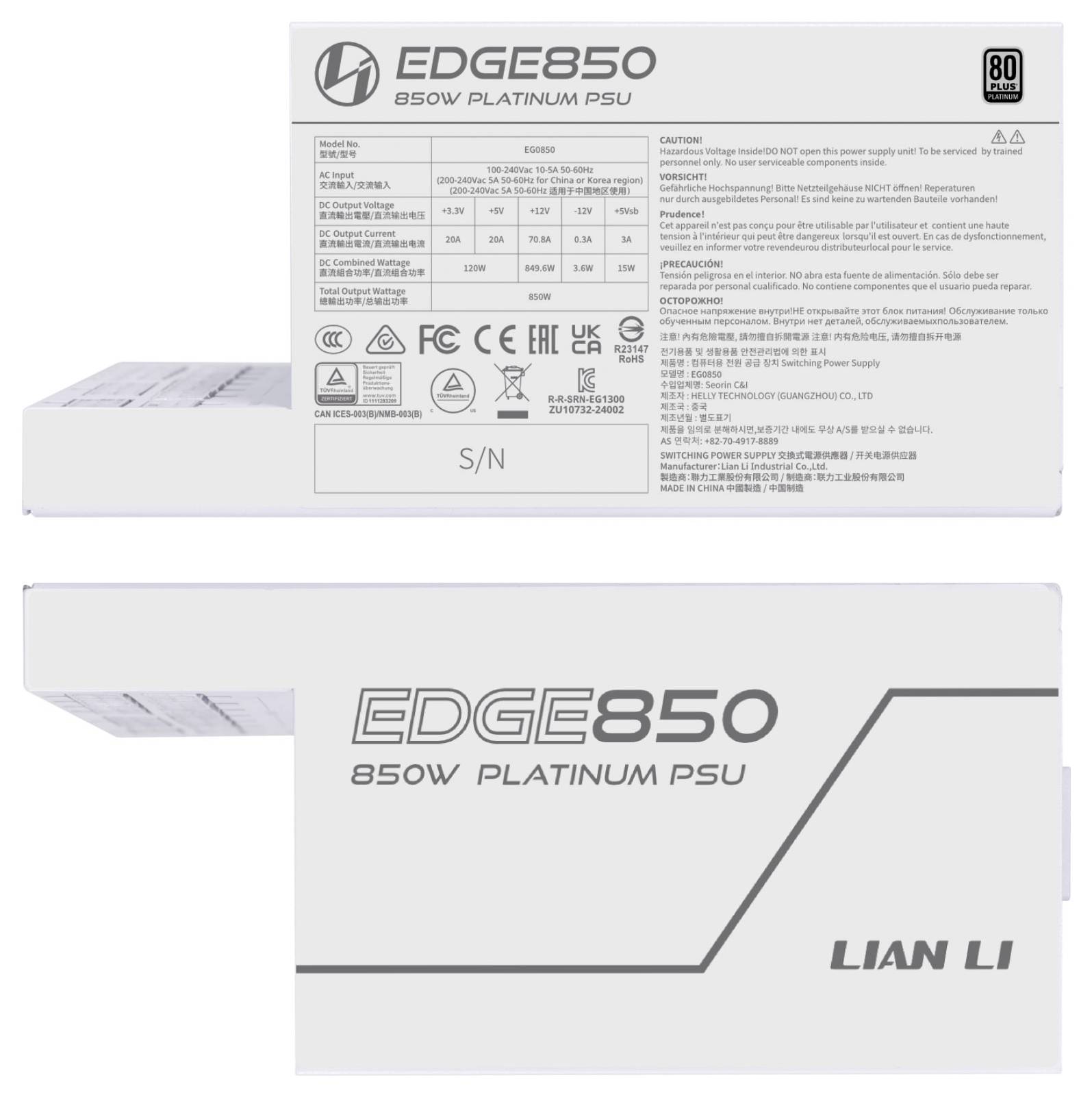 Netzteilgehäuse mit der Bezeichnung 'EDGE850 850W Platinum Netzteil'. Das Gehäuse zeigt technische Spezifikationen, Zertifizierungen und den Markennamen 'Lian Li'.