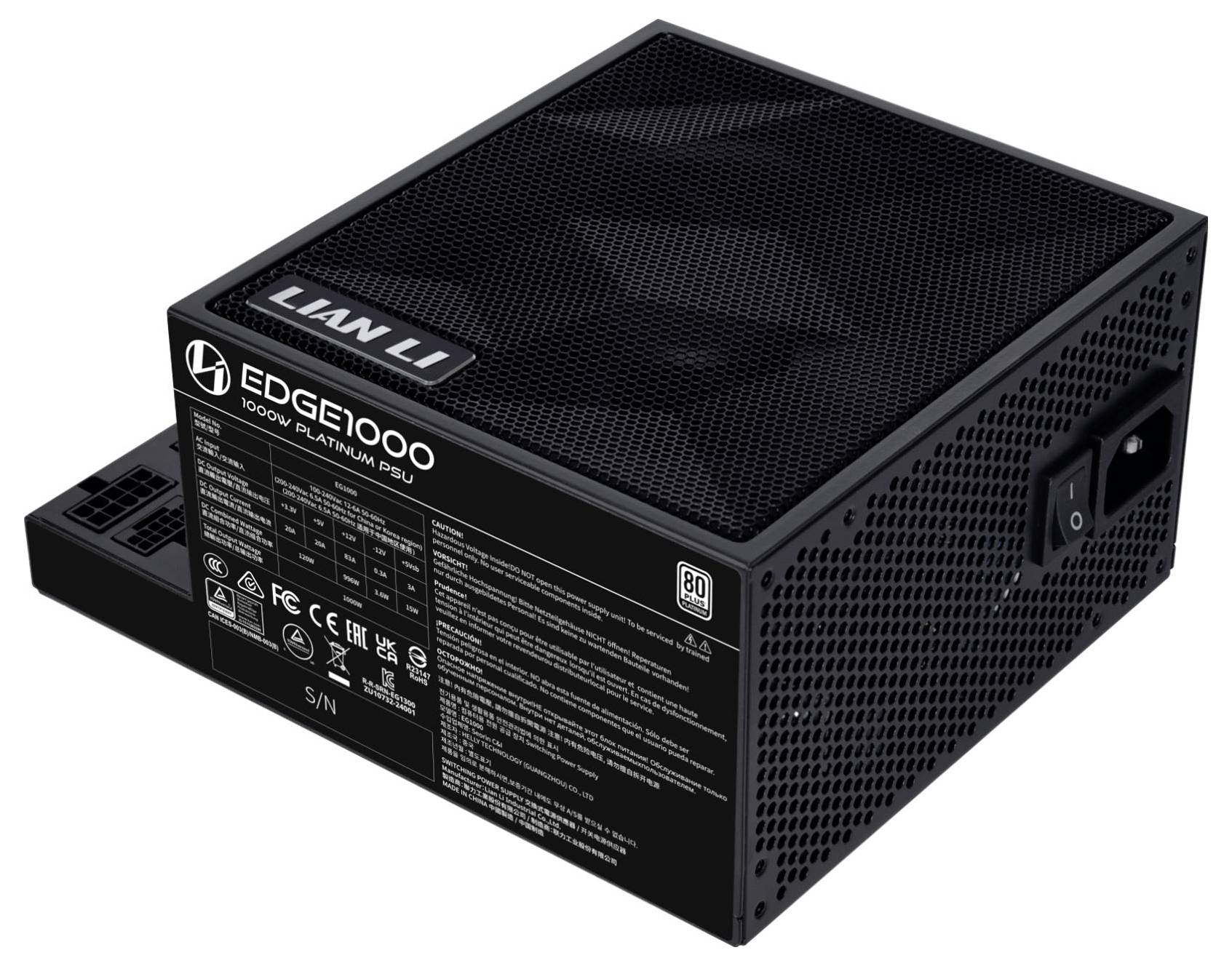 Eine schwarze Computernetzteil mit der Aufschrift "LIN LI EDGE1000 1000W Platinum PSU" mit Lüftungsschlitzen und Stromanschluss.