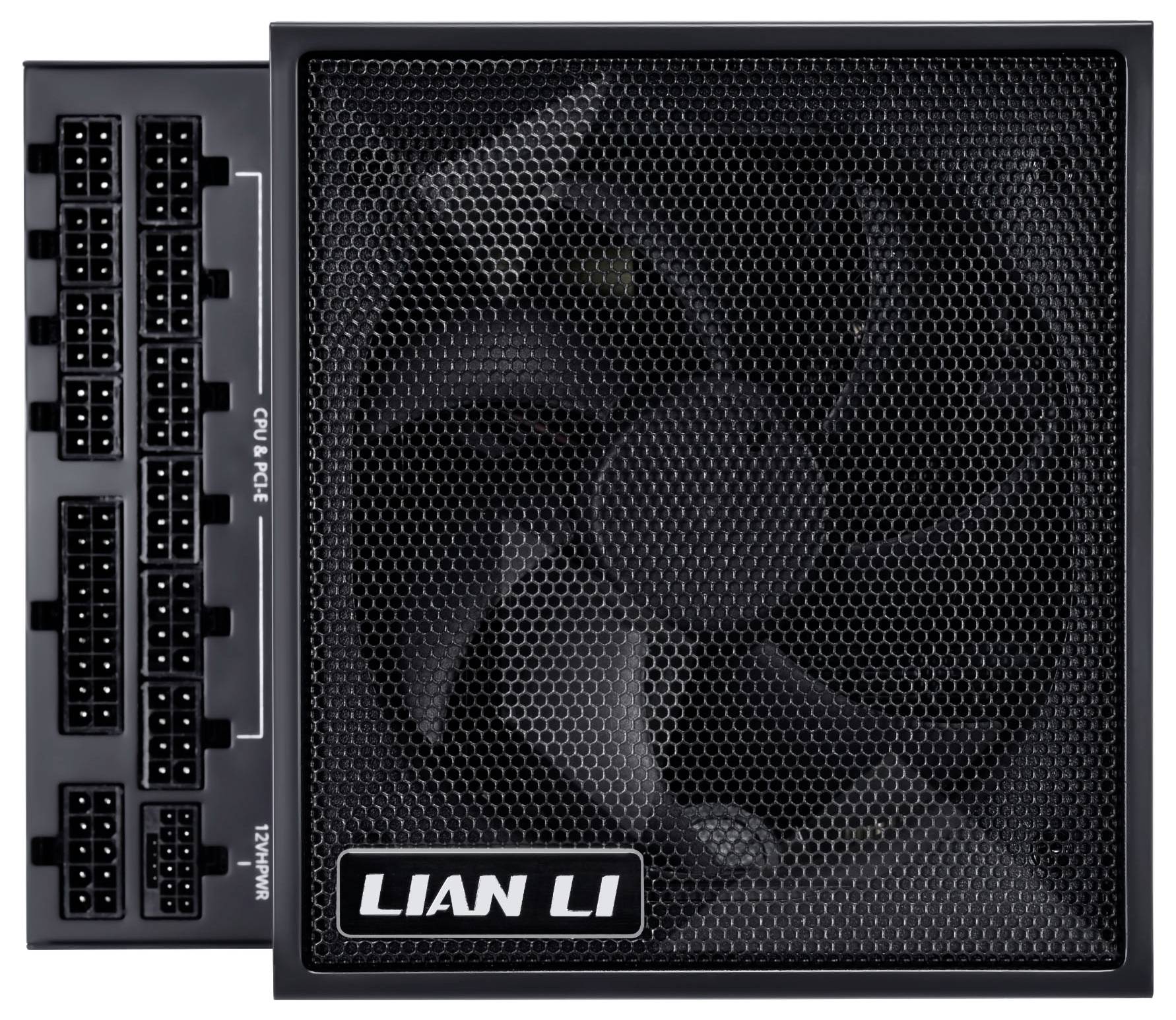 Lian Li Netzteil mit sichtbarem Lüfter und mehreren Anschlussports, gekennzeichnet für CPU, PCIe und Peripheriegeräte.