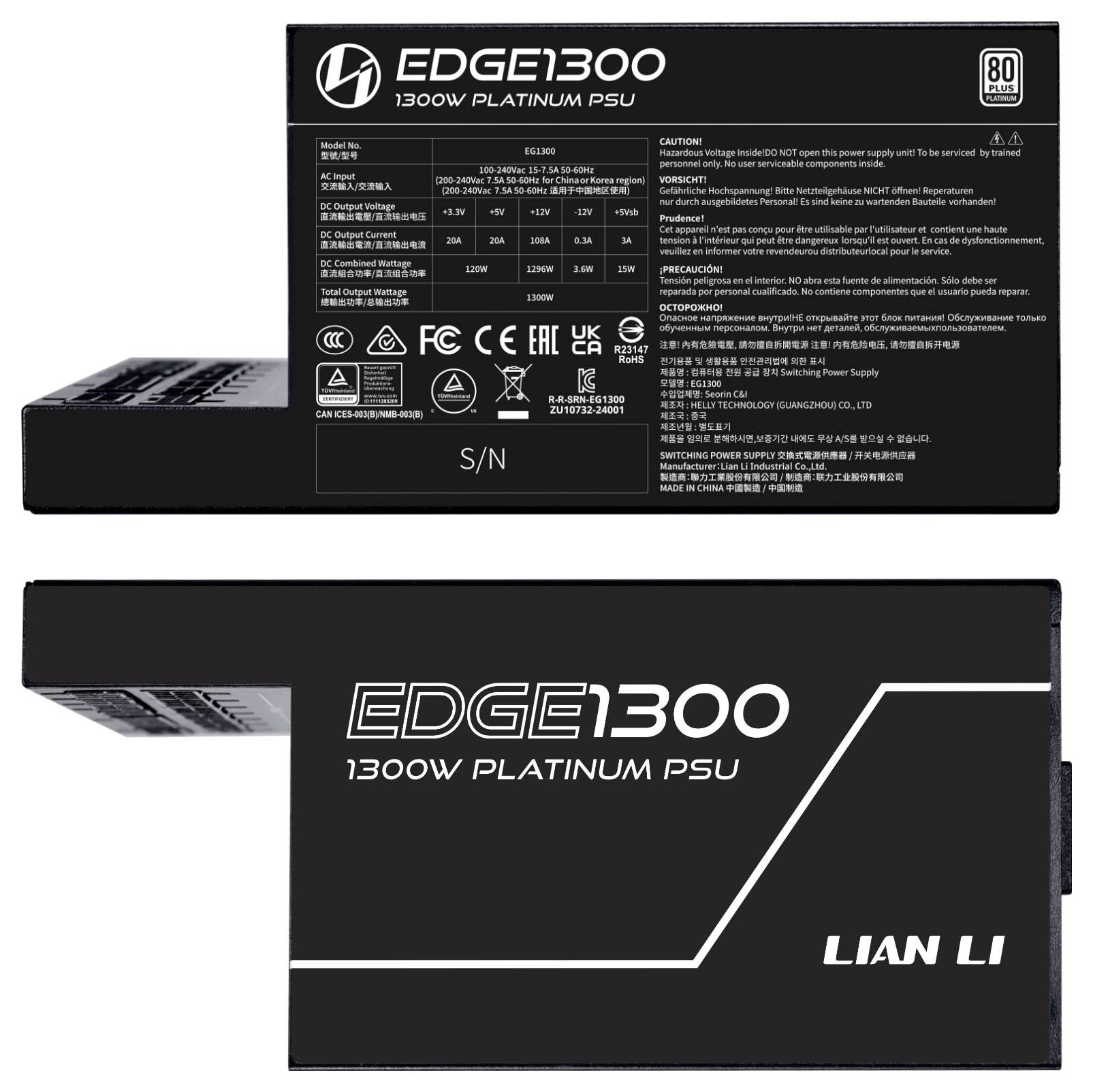 EDGE1300 1300W Platinum Netzteil<br><br>Eigenschaften:<br>- 80 Plus Platinum Zertifizierung<br>- Verschiedene Sicherheitszertifizierungen<br>- Modellspezifikationen