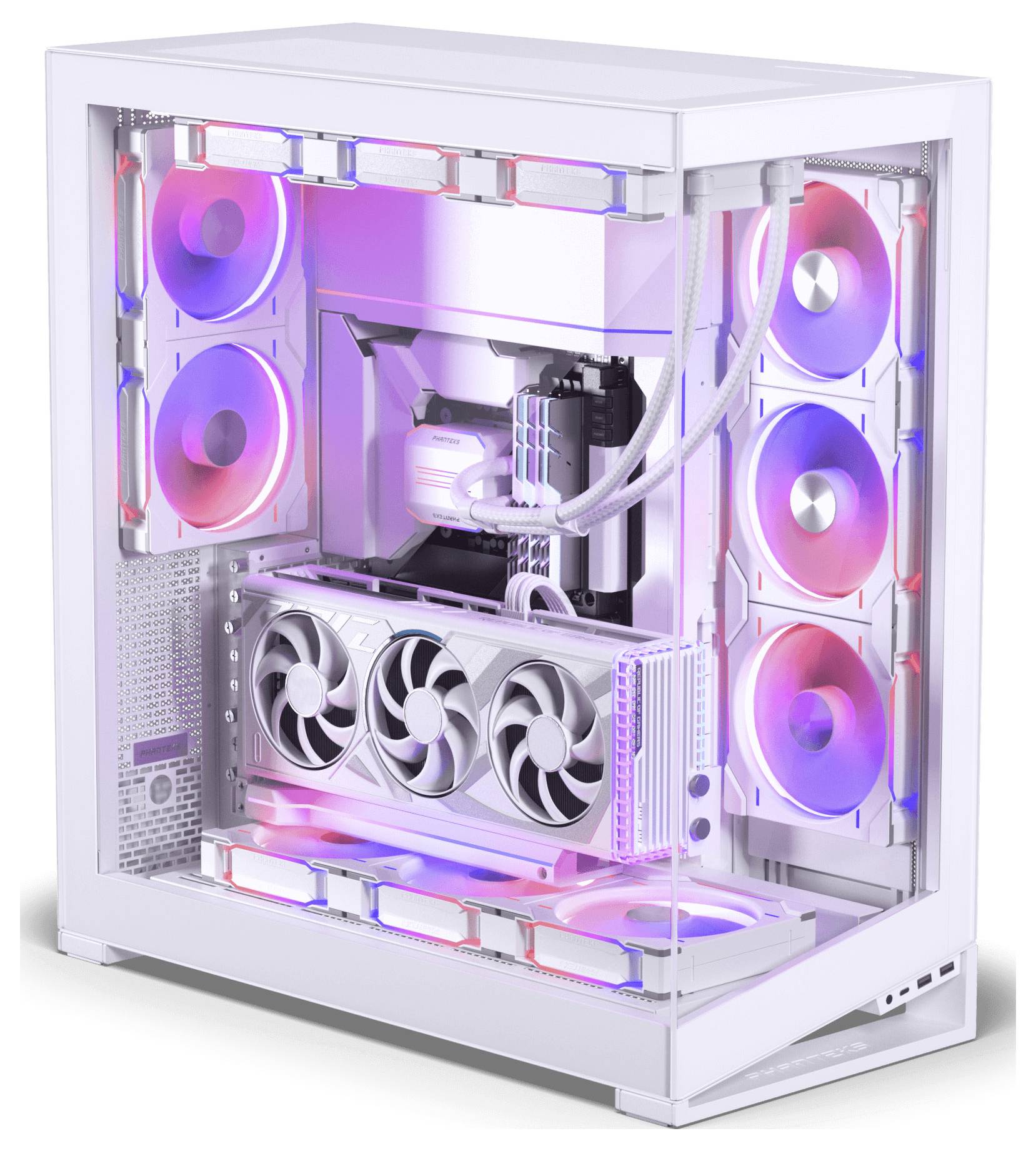 Ein High-End-Gaming-PC mit weißem Gehäuse, ausgestattet mit mehreren beleuchteten Lüftern und RGB-Beleuchtung, der sein Kühlsystem und seine Grafikkarte präsentiert.