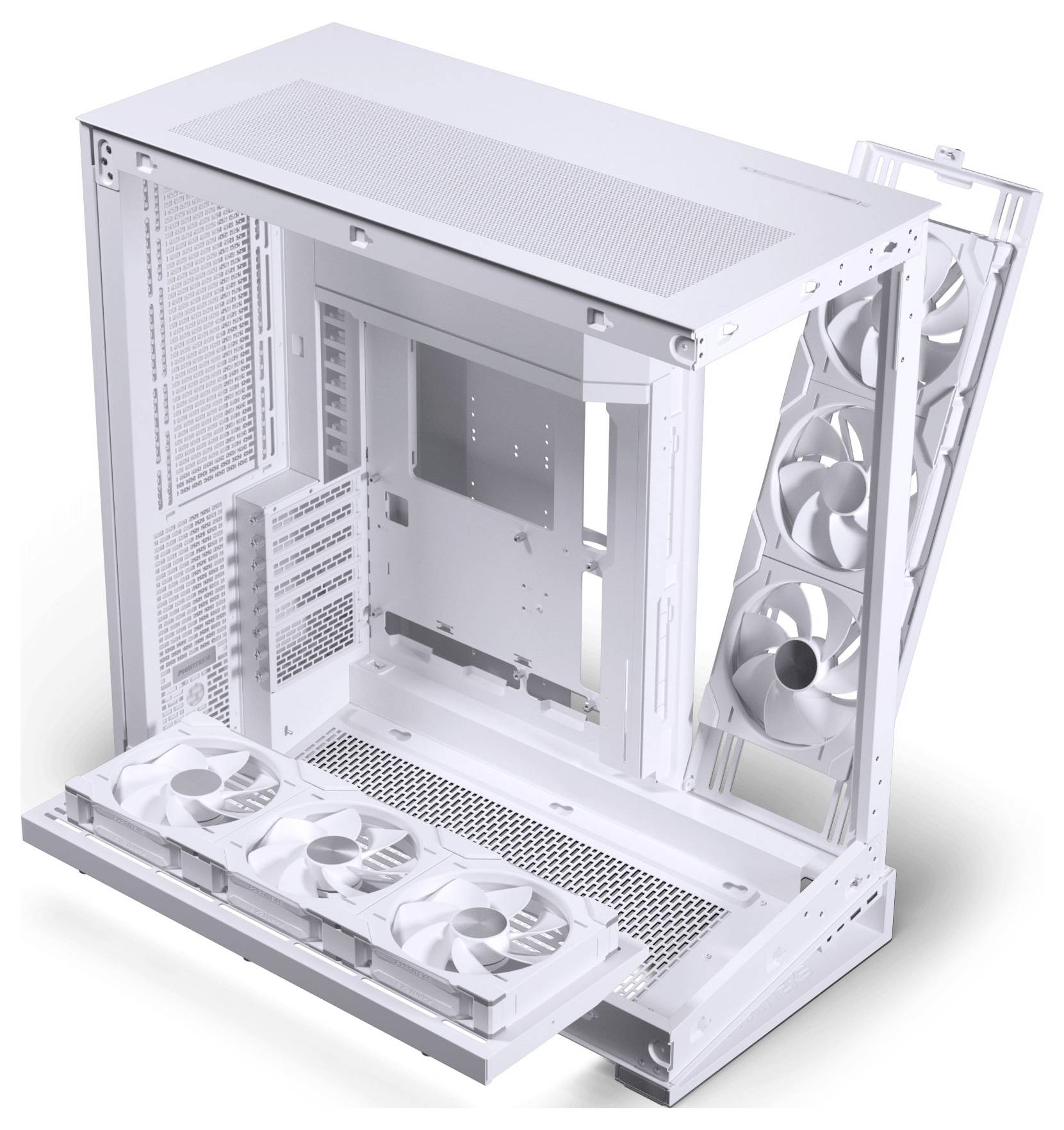 Computergehäuse mit entfernten Seitenplatten, das die Innenstruktur freilegt; mit sichtbaren Kühlventilatoren an der Vorder- und Unterseite, alles in Weiß.