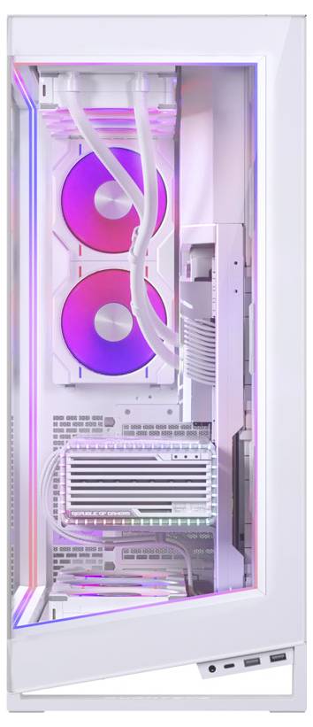 Ein weißes Desktop-Computergehäuse mit transparentem Seitenfenster, das RGB-beleuchtete Komponenten und Lüfter in einem lebendigen Magenta- und Violett-Farbschema präsentiert.