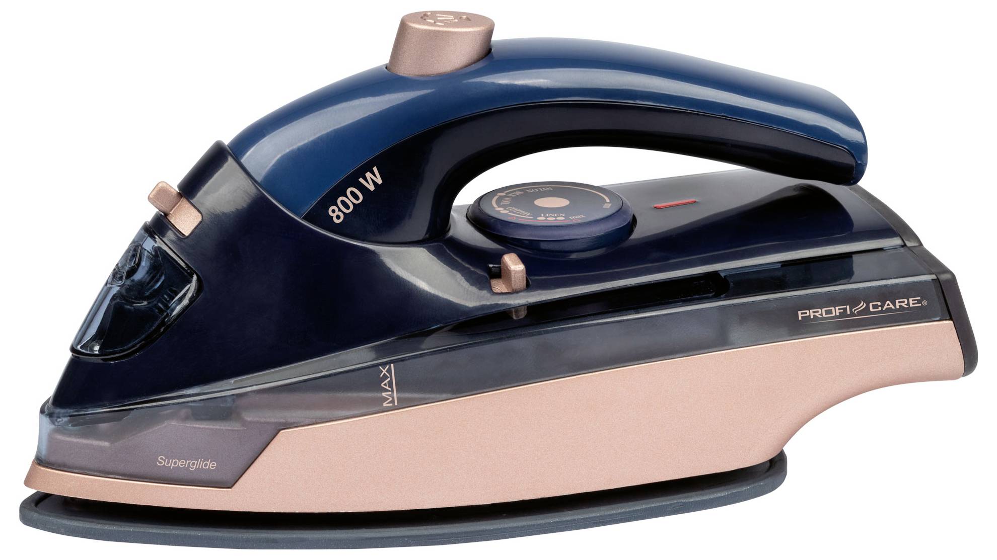 Ein blau und bronze farbener elektrischer Dampfbügeleisen mit der Beschriftung "800 W", ausgestattet mit einer Wassersprühdüse, einer Dampfregelschalter und einem sichtbaren Wassertank.