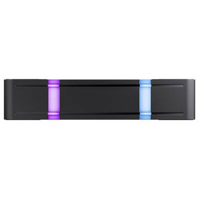 Ein schwarzes rechteckiges Gerät mit leuchtenden violetten und blauen Lichtstreifen an seinen Seiten.