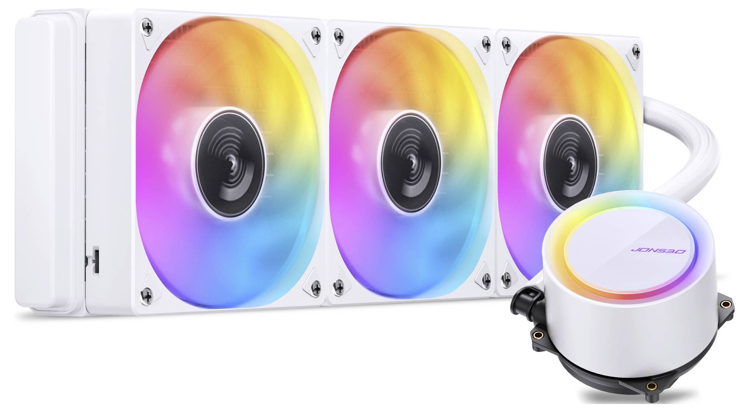 Ein weißes Computerkühllystem mit Flüssigkeitskühlung mit drei RGB-Lüftern und einem runden Wasserkühler, das lebendige, mehrfarbige Beleuchtungseffekte zeigt.