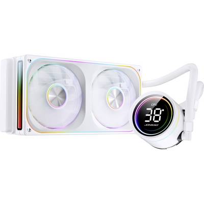 Ein weißer CPU-Flüssigkeitskühler mit zwei Lüftern und einem kreisförmigen digitalen Display, das '38°' anzeigt. RGB-Beleuchtung akzentuiert die Kanten und Lüfter.
