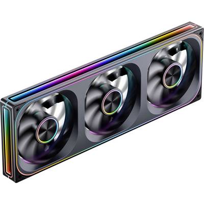 Ein rechteckiges Kühlsystemlüfter für Computer mit drei kreisförmigen Lüftern, ausgestattet mit RGB-Beleuchtung entlang der Kanten.