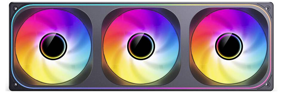 Computer-Kühlventilator mit drei RGB-Lüftern, die jeweils in Regenbogenfarben leuchten und in einen rechteckigen Rahmen eingesetzt sind.