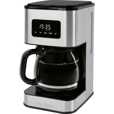 Eine Kaffeemaschine aus Edelstahl mit einer digitalen Uhr, die '15:35' anzeigt. Eine Glaskanne, gefüllt mit gebrühtem Kaffee, steht in der Maschine.