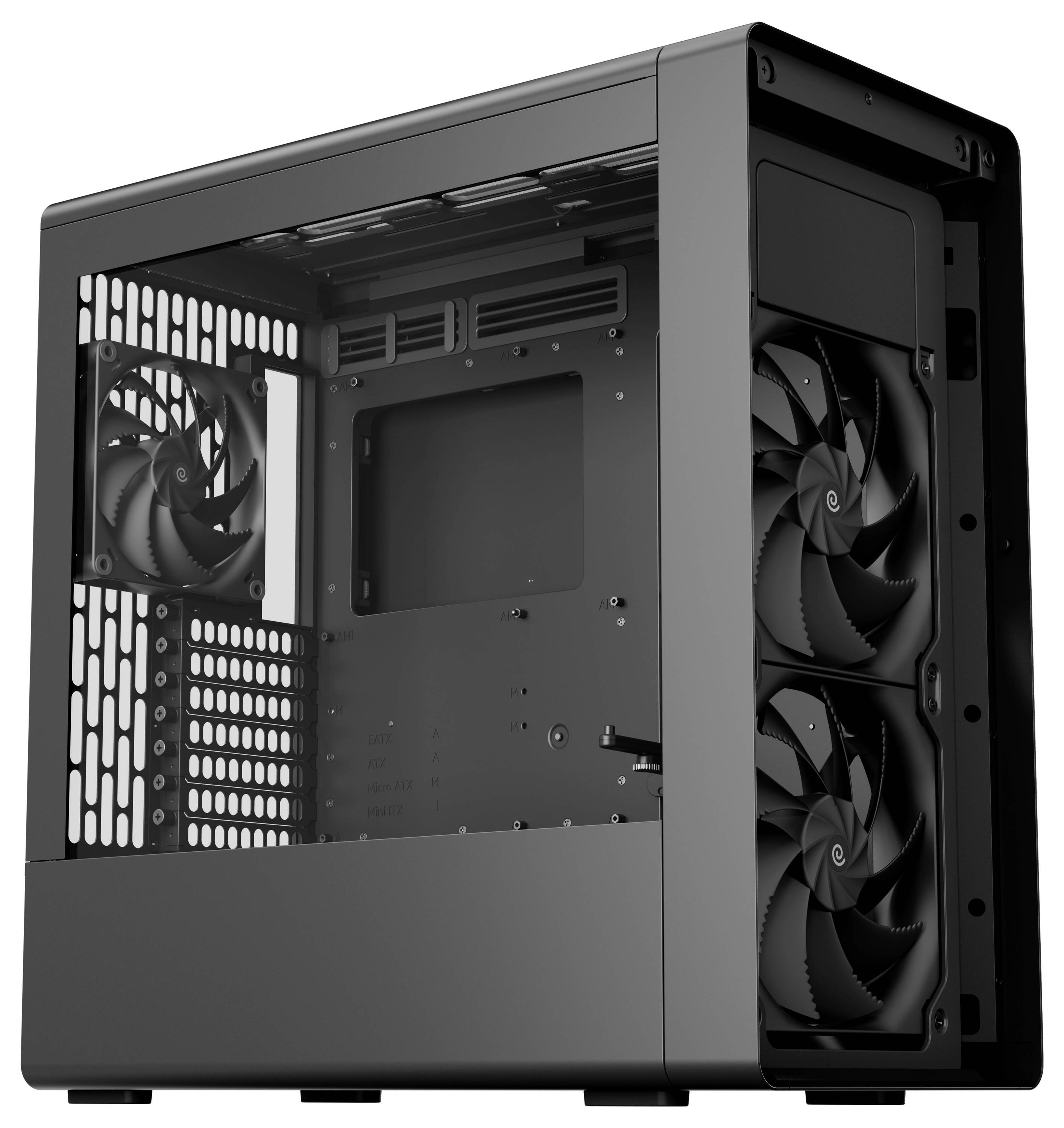 Ein schwarzes Computergehäuse mit einer Seitenwand aus gehärtetem Glas, das drei große Kühlventilatoren und mehrere Belüftungsschlitze für einen optimalen Luftstrom präsentiert.