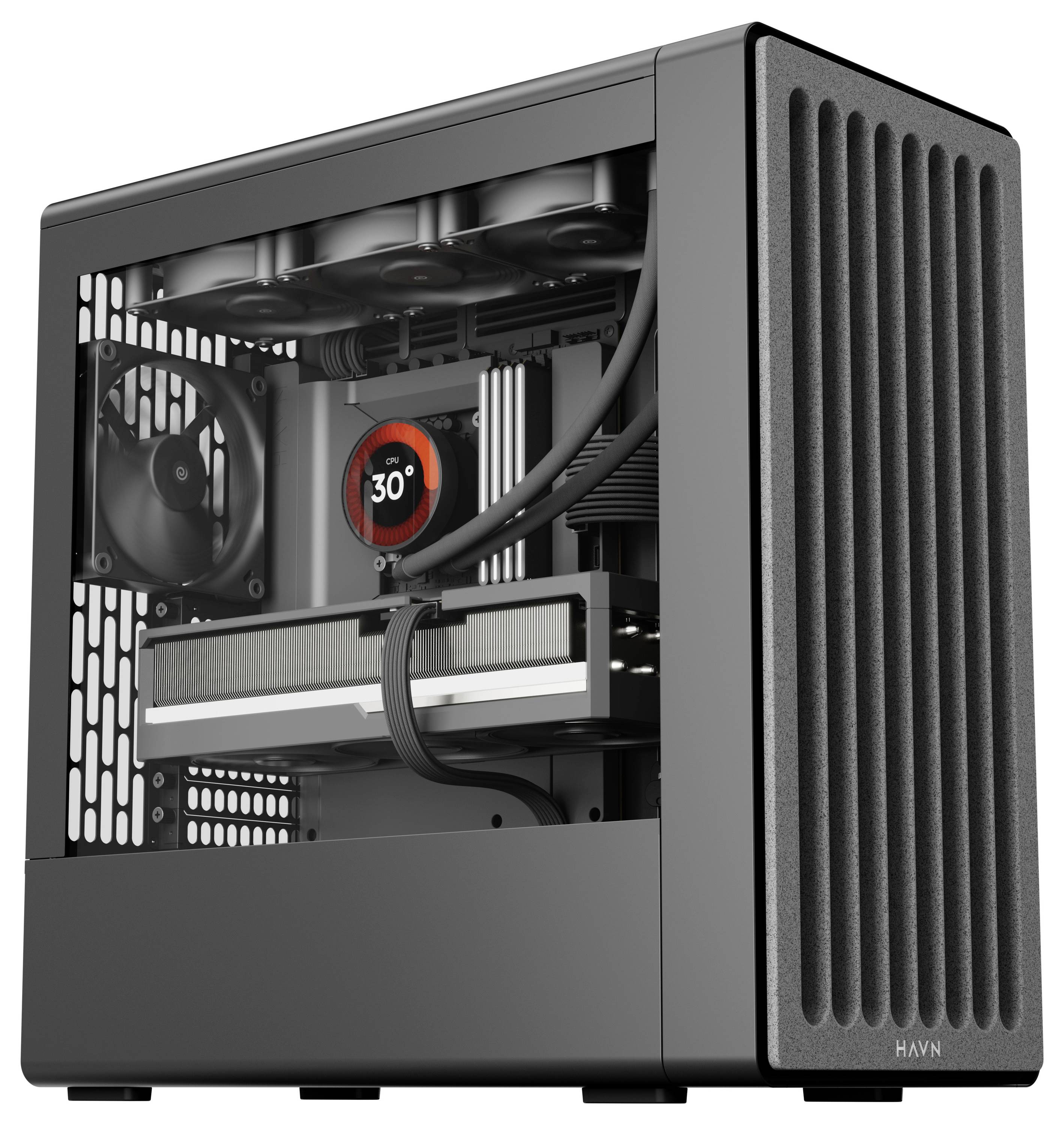 Ein schwarzes Computer-Tower-Gehäuse mit einer transparenten Seitenscheibe gibt Einblick in die Innenkomponenten, einschließlich eines Kühlventilators und einer Temperaturanzeige, die 30° zeigt.