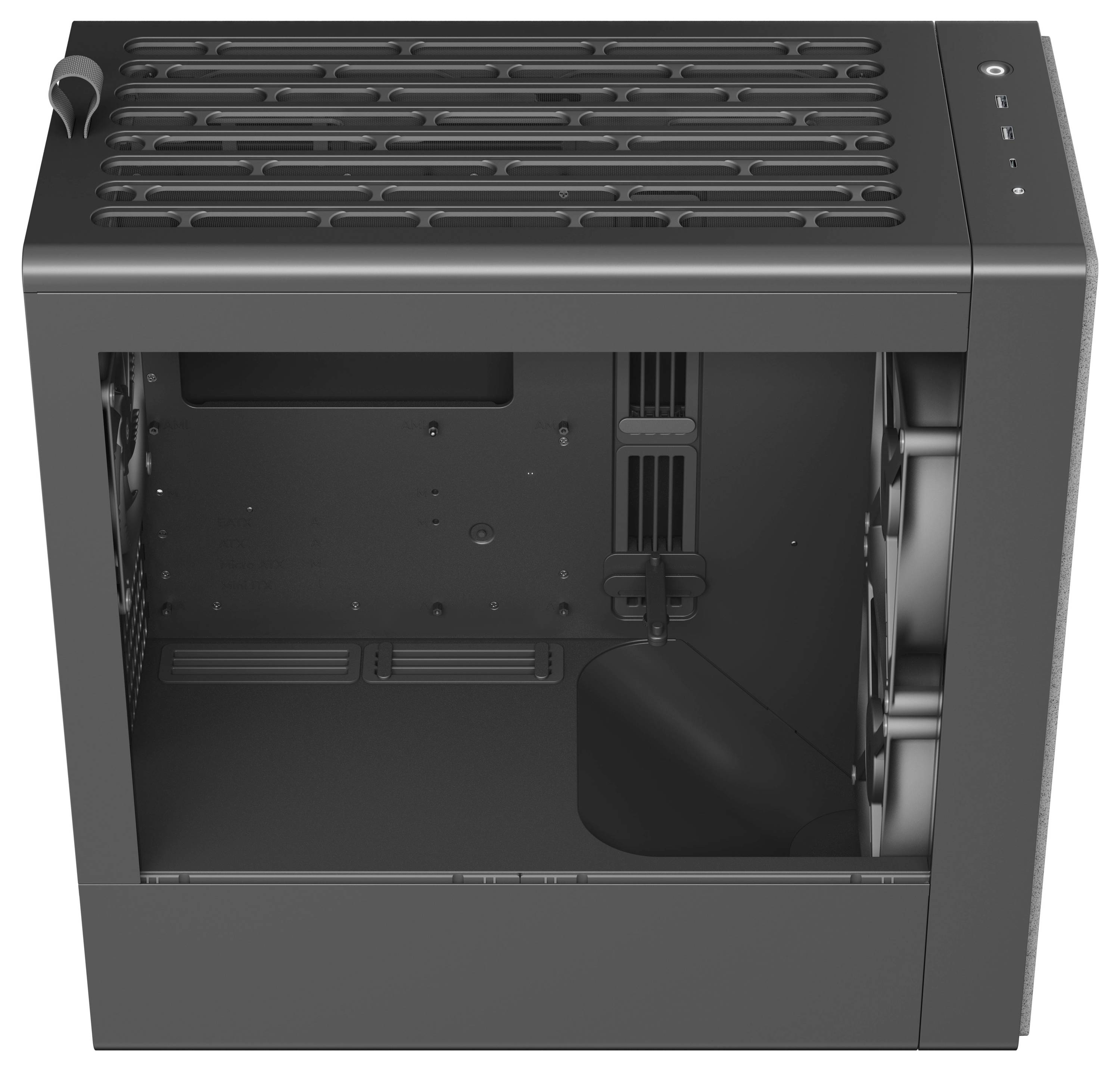 Ein Computergehäuse mit mehreren Lüftungsschlitzen an der Seite, Belüftungsöffnungen auf der Oberseite und einem minimalistischen Frontpanel, das sein geräumiges Innenlayout präsentiert.