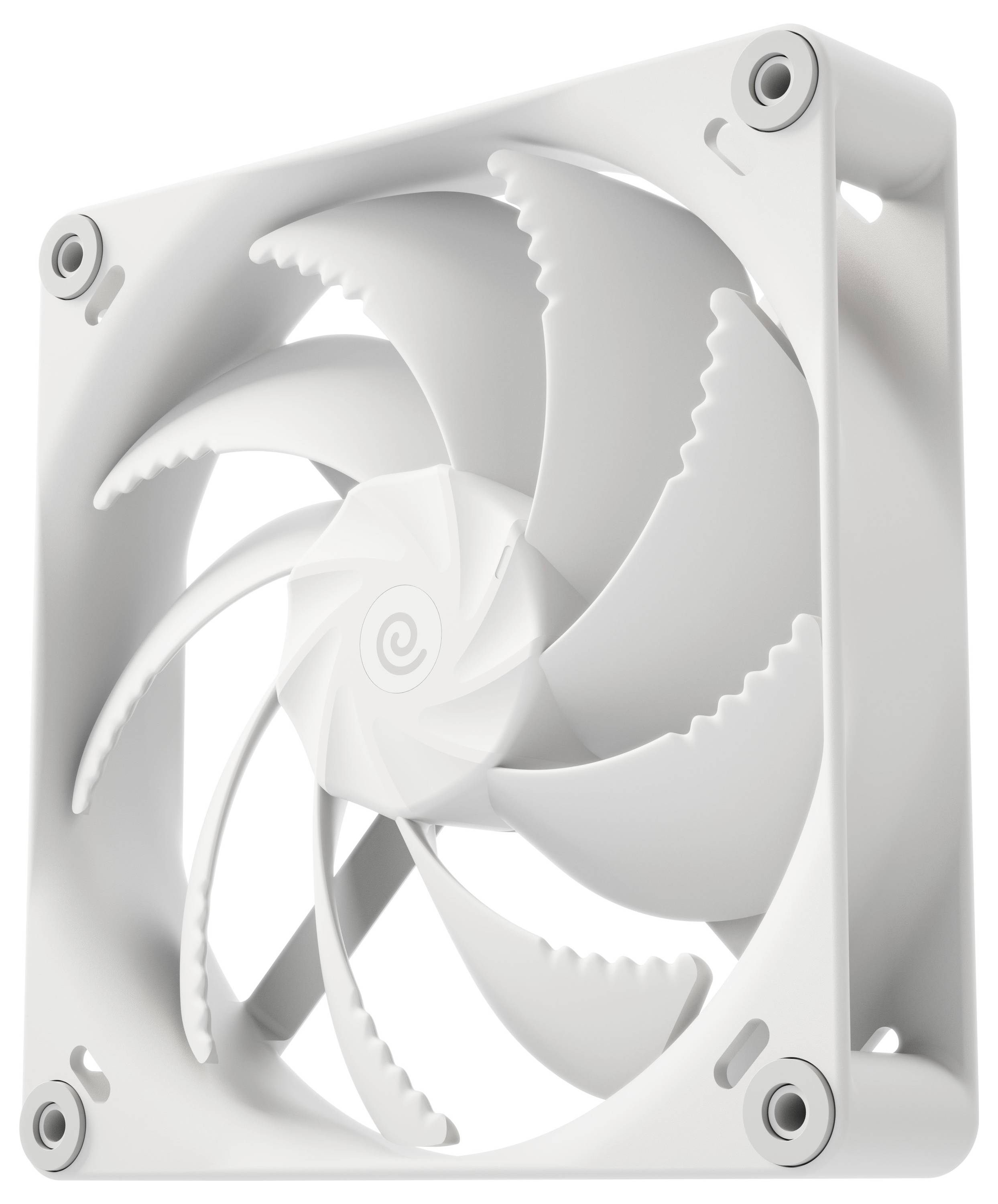 Ein weißer Computer-Kühlventilator mit einem einzigartigen spiralförmigen Rotorblattdesign.