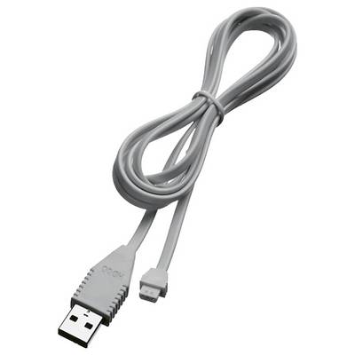 Ein grauer USB-zu-Micro-USB-Kabel mit einem Standard-USB-Stecker auf der einen Seite und einem Micro-USB-Stecker auf der anderen Seite, verwendet für Datentransfer oder Laden.