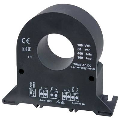 Ein schwarzer, kreisförmiger Stromwandler für einphasige Energiemessung. Markierungen zeigen Spannungsbereich (100-800V) und Stromwerte (300-400A).