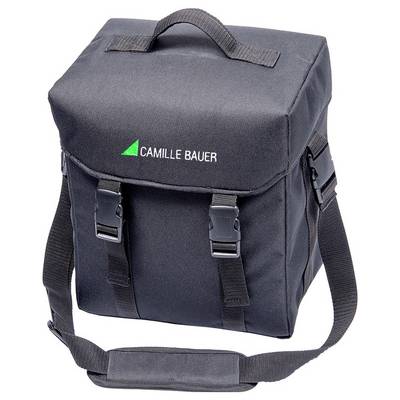 Eine schwarze Stoff-Schultertasche mit Tragegriff, zwei Schnallen und dem Logo 'CAMILLE BAUER' in Grün und Weiß auf der Vorderklappe.