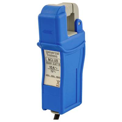 Blaues handgehaltenes elektrisches Messwerkzeug mit der Aufschrift 'Universal Technic M3.UB, 600V CAT III, 10A, 1V, 40Hz-50Hz, 10kHz', verwendet für Spannungstests.