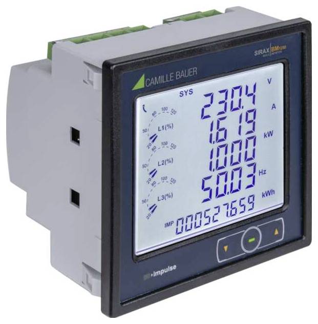 Digitales Leistungsmessgerät mit Anzeige von Spannung (230,4 V), Stromstärke (1,619 A), Leistung (1000 kW), Frequenz (50,03 Hz) und Gesamtenergie (527,6595 kWh).