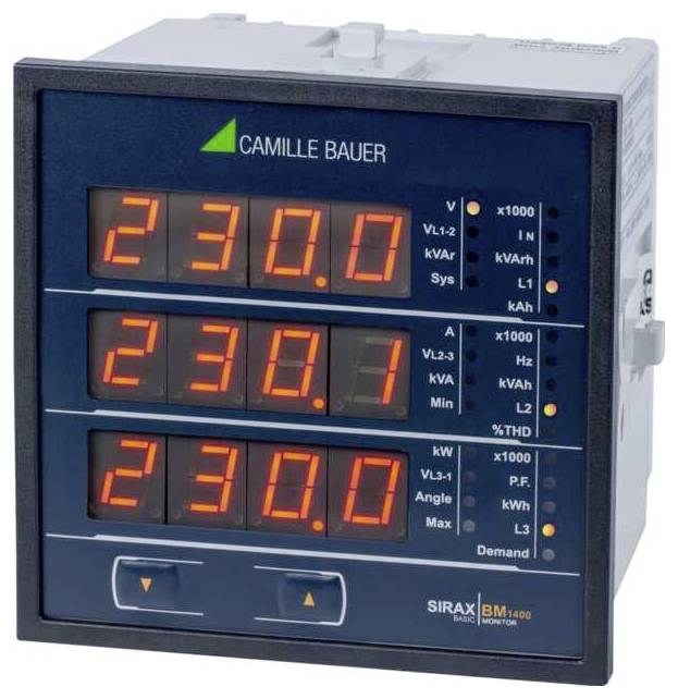 Ein digitales Display mit drei orangefarbenen LED-Anzeigen, die '230,0' zeigen. Es enthält beschriftete Tasten und Einheiten für elektrische Messungen.