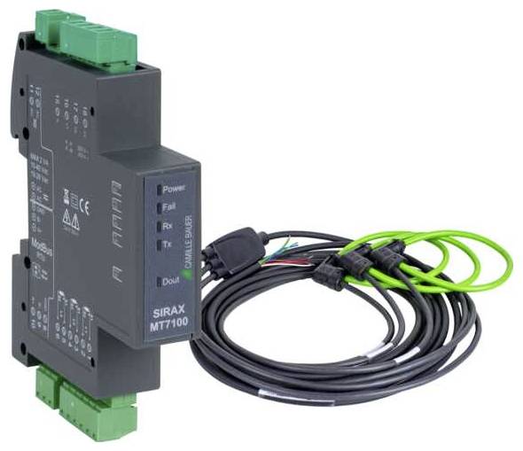 Ein schwarzes elektronisches Gerät mit der Bezeichnung 'SIRAX MT7100', ausgestattet mit grünen Anschlüssen und einem Set von gewickelten schwarzen Kabeln, das zur Signalverarbeitung verwendet wird.