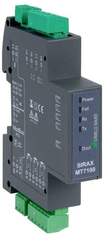 'Camille Bauer SIRAX MT7100' Gerät, zeigt Anzeigen für Leistung, Fehler, Rx, Tx, Dout und enthält technische Symbole sowie ModBus RTU Schnittstelle.