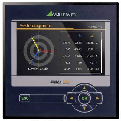 Ein elektronisches Display zeigt ein Vektordiagramm und Messungen für die Phasen L1, L2 und L3 mit Spannung, Stromstärke und Leistungsfaktor.