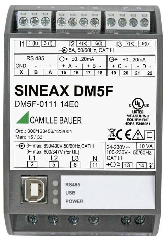 Ein SINEAX DM5F Messgerät mit verschiedenen technischen Details und Spezifikationen, einschließlich RS485-Konnektivität und Leistungsdaten.
