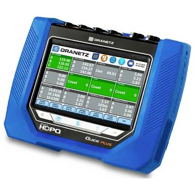 Ein tragbarer Datenanalysator mit blauem Gehäuse, der auf seinem Display ein Raster mit numerischen Daten und grün hervorgehobenen Abschnitten zeigt.