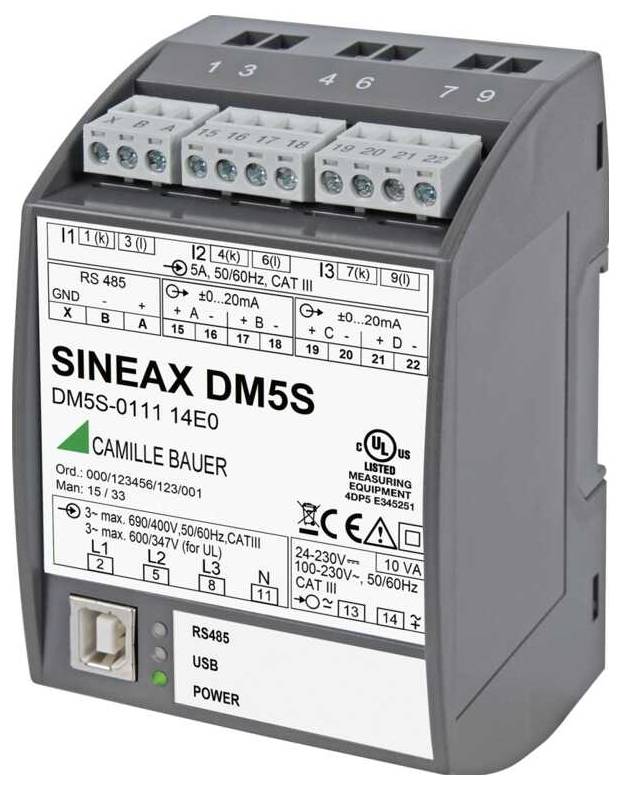 Elektrisches Messgerät mit der Bezeichnung 'Sineax DM5S' von Camille Bauer, ausgestattet mit Anschlüssen für USB, RS485 und Stromversorgung.