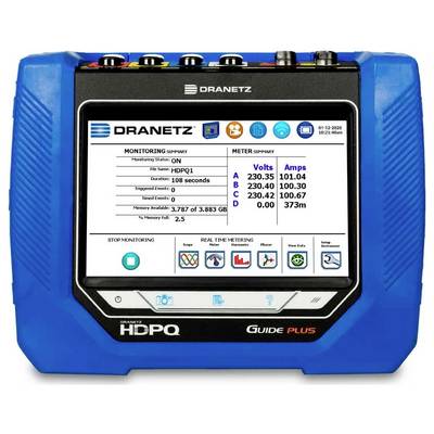 Ein blauer Dranetz HDPQ Guide Plus Netzqualitätsanalysator, der ein Display mit Spannungs-, Strom- und Leistungskennzahlen zur Überwachung zeigt.