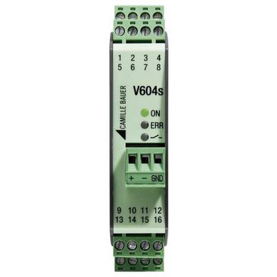 Elektrisches Gerät mit einem grünen Gehäuse, beschriftet mit 'Camille Bauer V604s', ausgestattet mit LEDs für 'EIN' und 'FEHLER' Status und mehreren Anschlussklemmen.