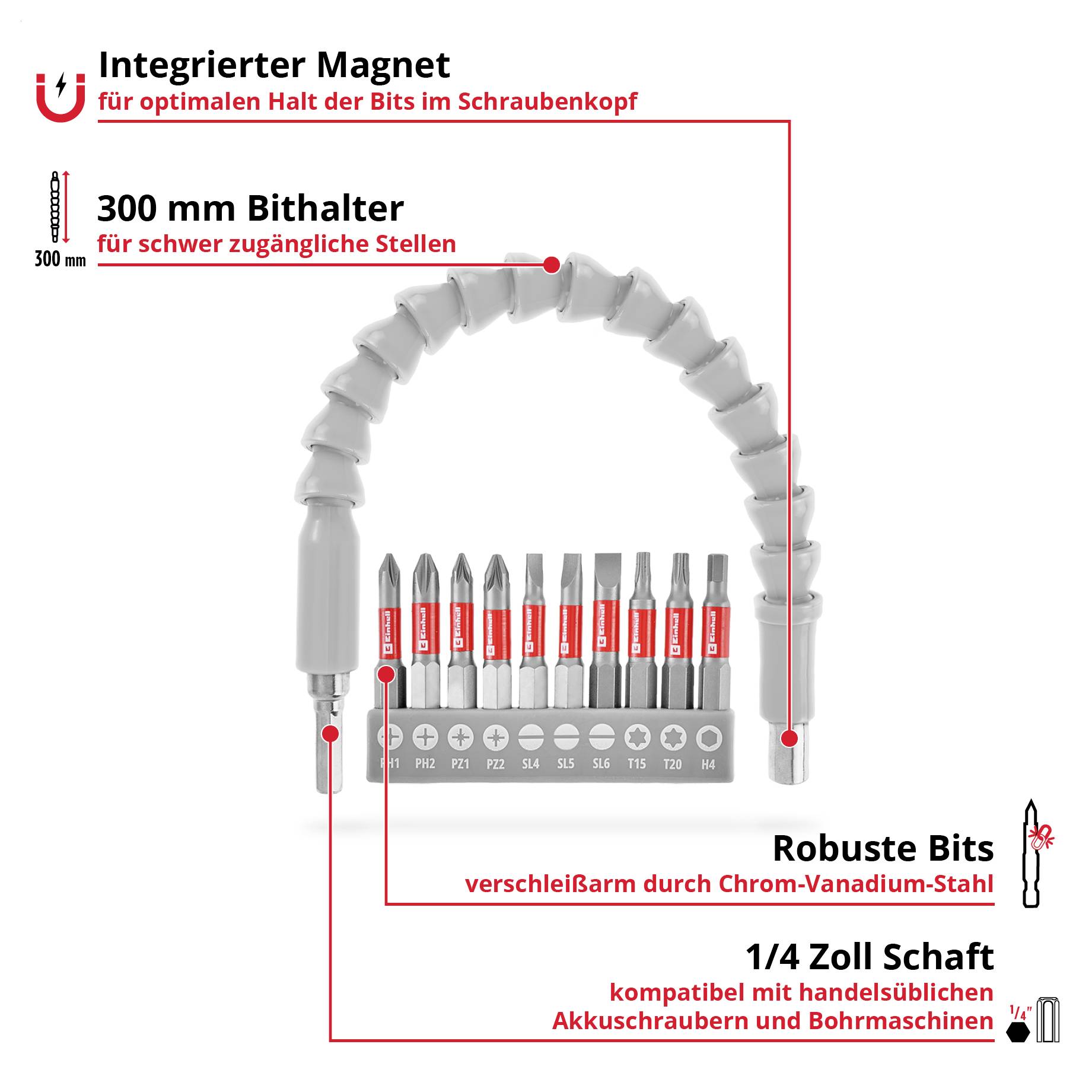 '300 mm flexibler Bithalter für schwer zugängliche Stellen, inklusive Bits aus Chrom-Vanadium-Stahl, passend für Akkuschrauber.'