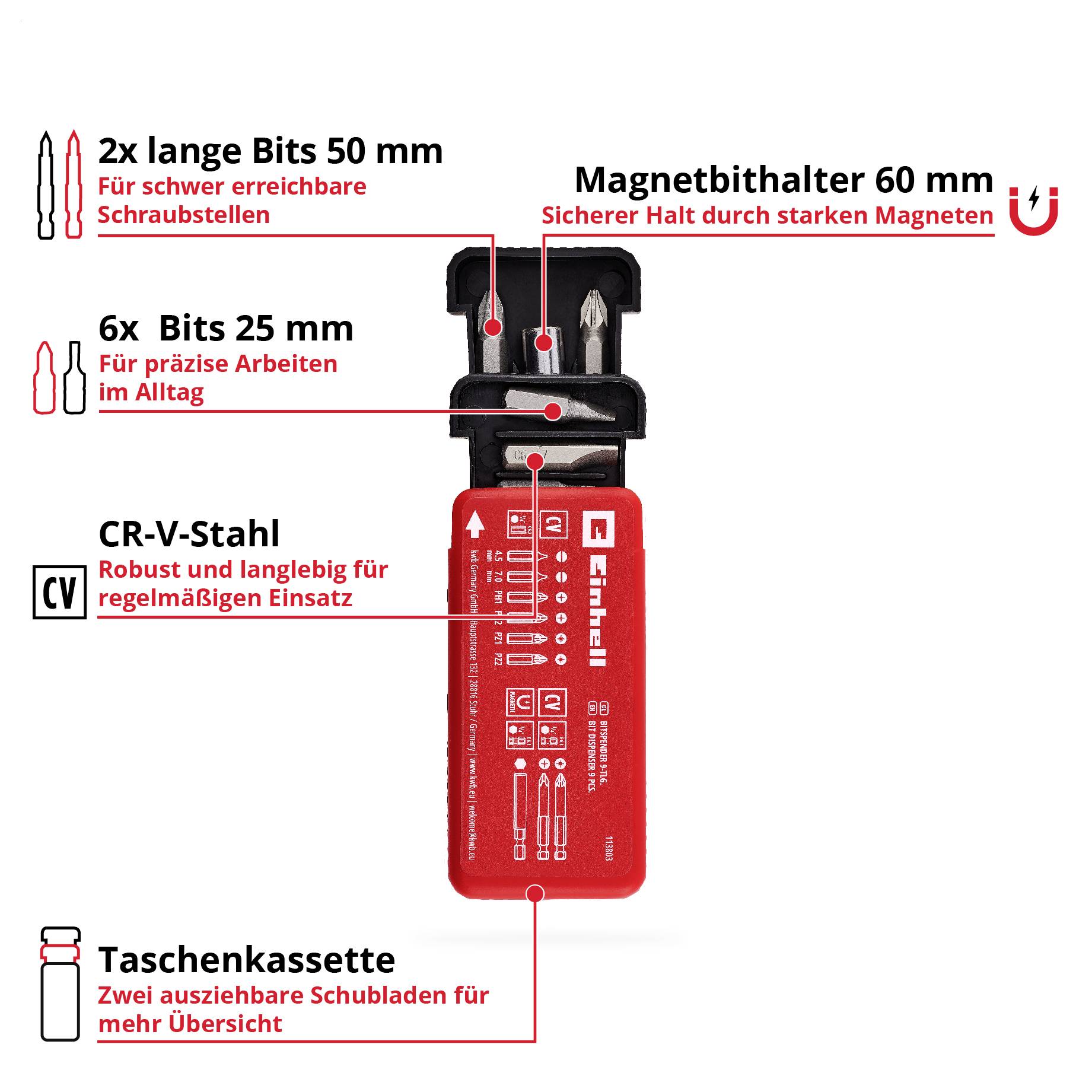 'Taschenkassette mit zwei ausfahrbaren Schubladen für Übersicht. Enthält Magnetbithalter 60 mm, 2x Bits 50 mm, 6x Bits 25 mm aus robustem CR-V-Stahl.'