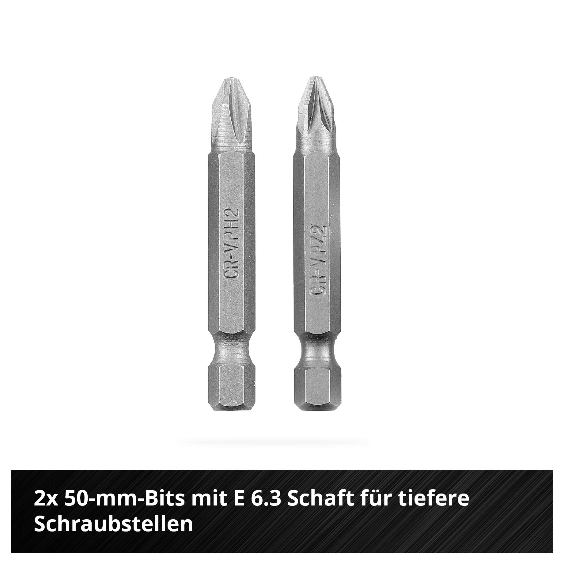 'Zwei 50-mm-Bits mit E 6.3 Schaft für tiefere Schraubstellen.'