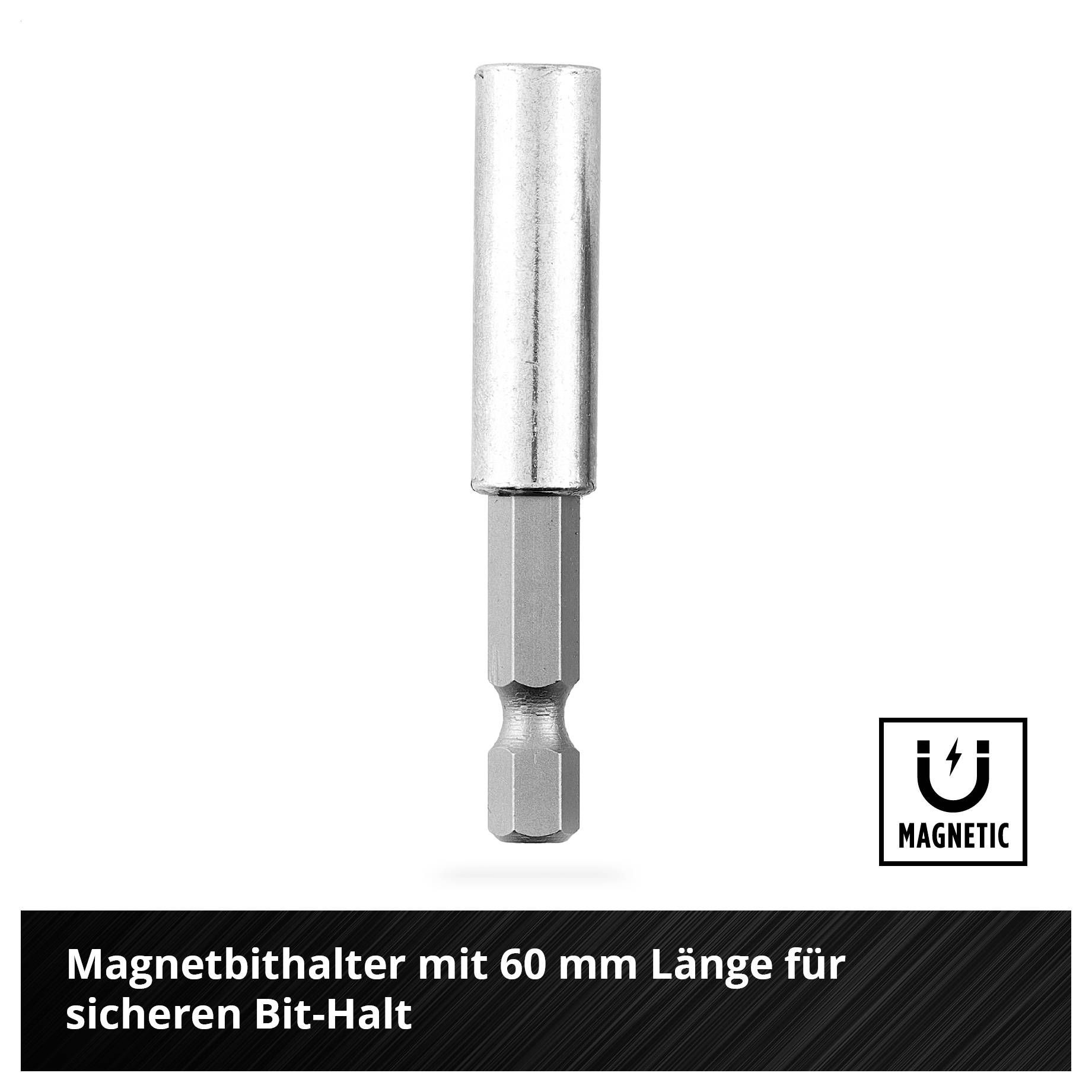 'Magnetbithalter mit 60 mm Länge für sicheren Bit-Halt' anzeigen. Silbriger Bithalter, magnetische Funktion, auf weißem Hintergrund.