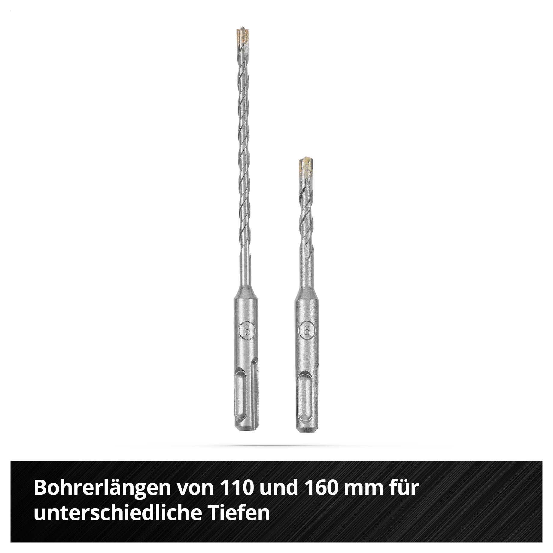 Zwei silberne Bohrer, einer 110 mm, der andere 160 mm, vor weißem Hintergrund. Text: 'Bohrerlängen von 110 und 160 mm für unterschiedliche Tiefen'.