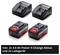 Zwei Ladegeräte und zwei 4.0 Ah Power X-Change Akkus. Text zeigt 'Inkl. 2x 4.0 Ah Power X-Change Akkus und 2x Ladegerät'.