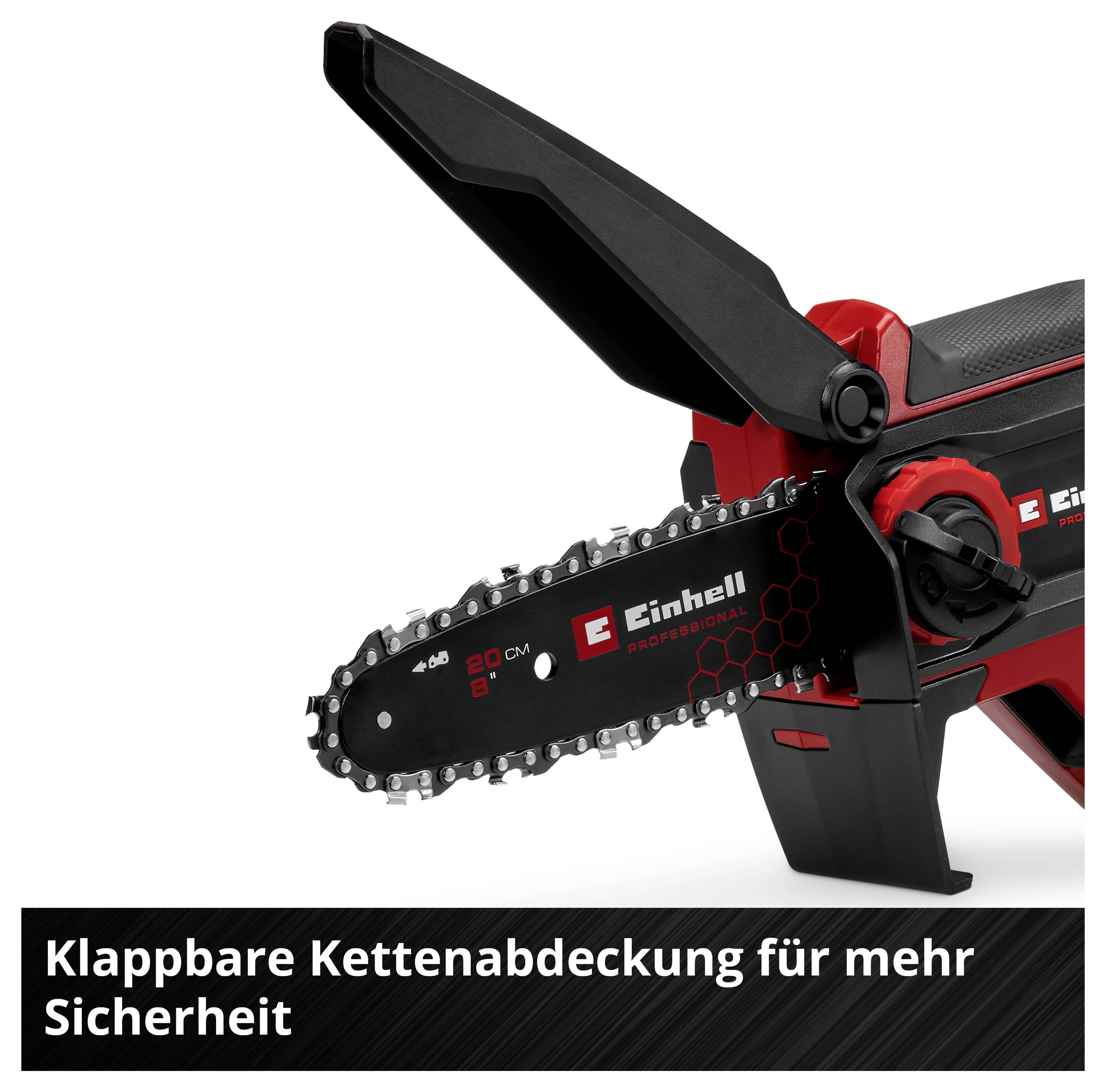 Kettensäge mit rot-schwarzem Design, Fokus auf klappbare Kettenabdeckung. Text: 'Klappbare Kettenabdeckung für mehr Sicherheit'.