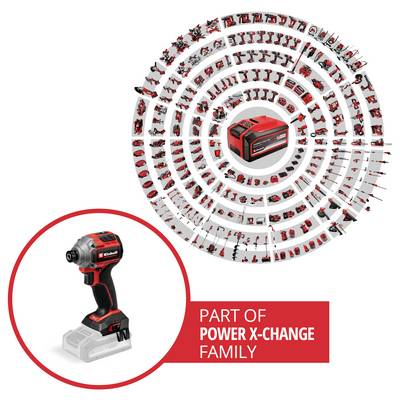 Die 'Power X-Change Familie' Schlagschrauber mit Akku ist umgeben von einem Kreis verschiedener kompatibler Werkzeuge, die konzentrische Kreise bilden.