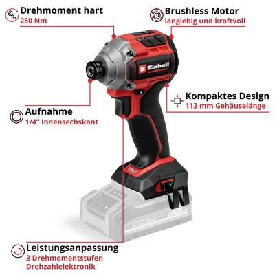 Roter und schwarzer Akku-Schlagschrauber mit 250 Nm Drehmoment, bürstenlosem Motor, 1/4'' Aufnahme, kompaktem Design und 3 Leistungsstufen.