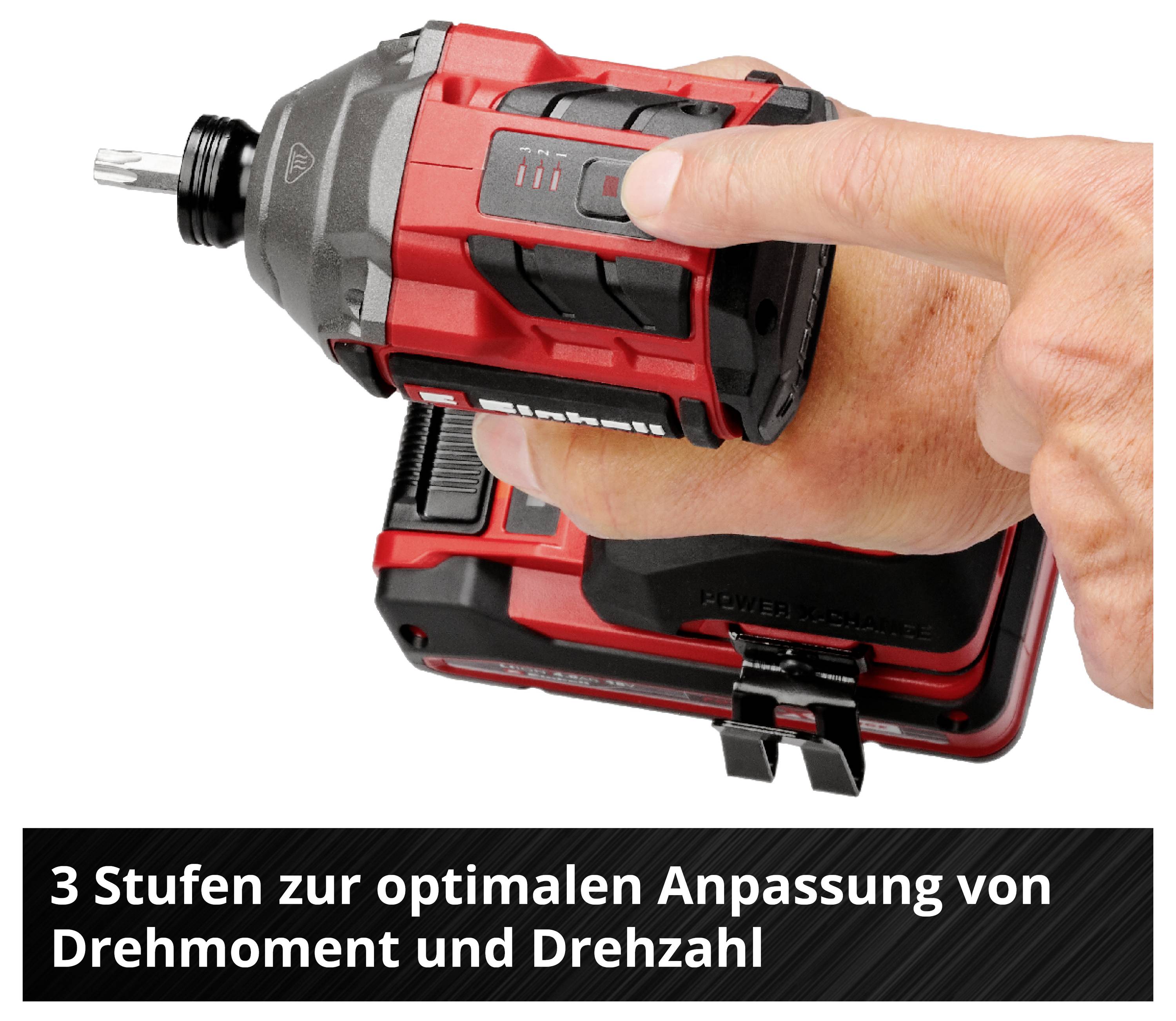 Ein elektrischer Schraubendreher mit einer Hand, Einstellung auf Stufe 3 zur Anpassung von Drehmoment und Drehzahl.