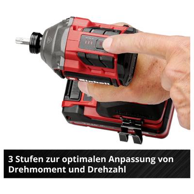 Ein elektrischer Schraubendreher mit einer Hand, Einstellung auf Stufe 3 zur Anpassung von Drehmoment und Drehzahl.