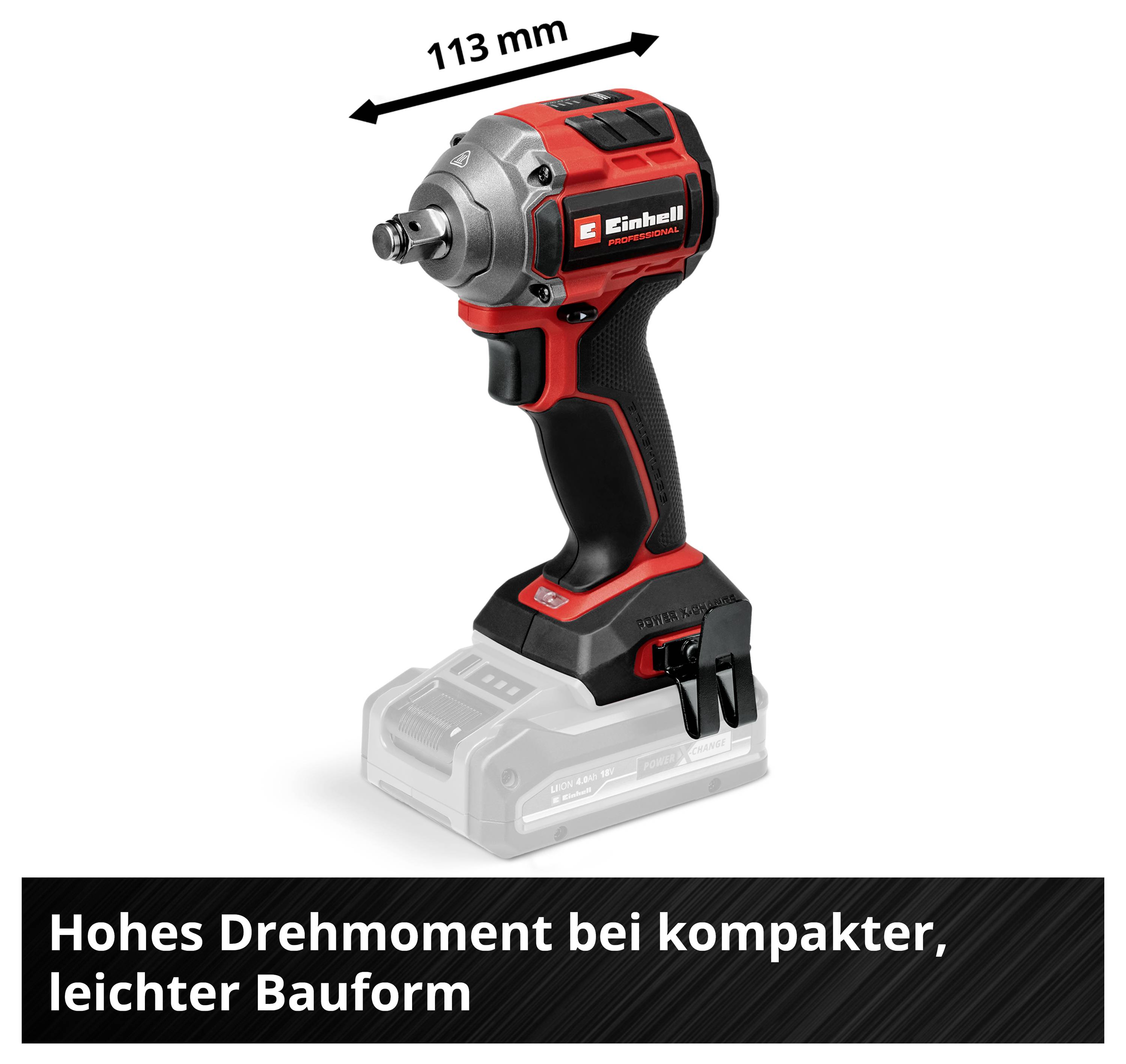 Akkuschlagschrauber, 113 mm lang, schwarz-rot. Text: 'Hohes Drehmoment bei kompakter, leichter Bauform'.