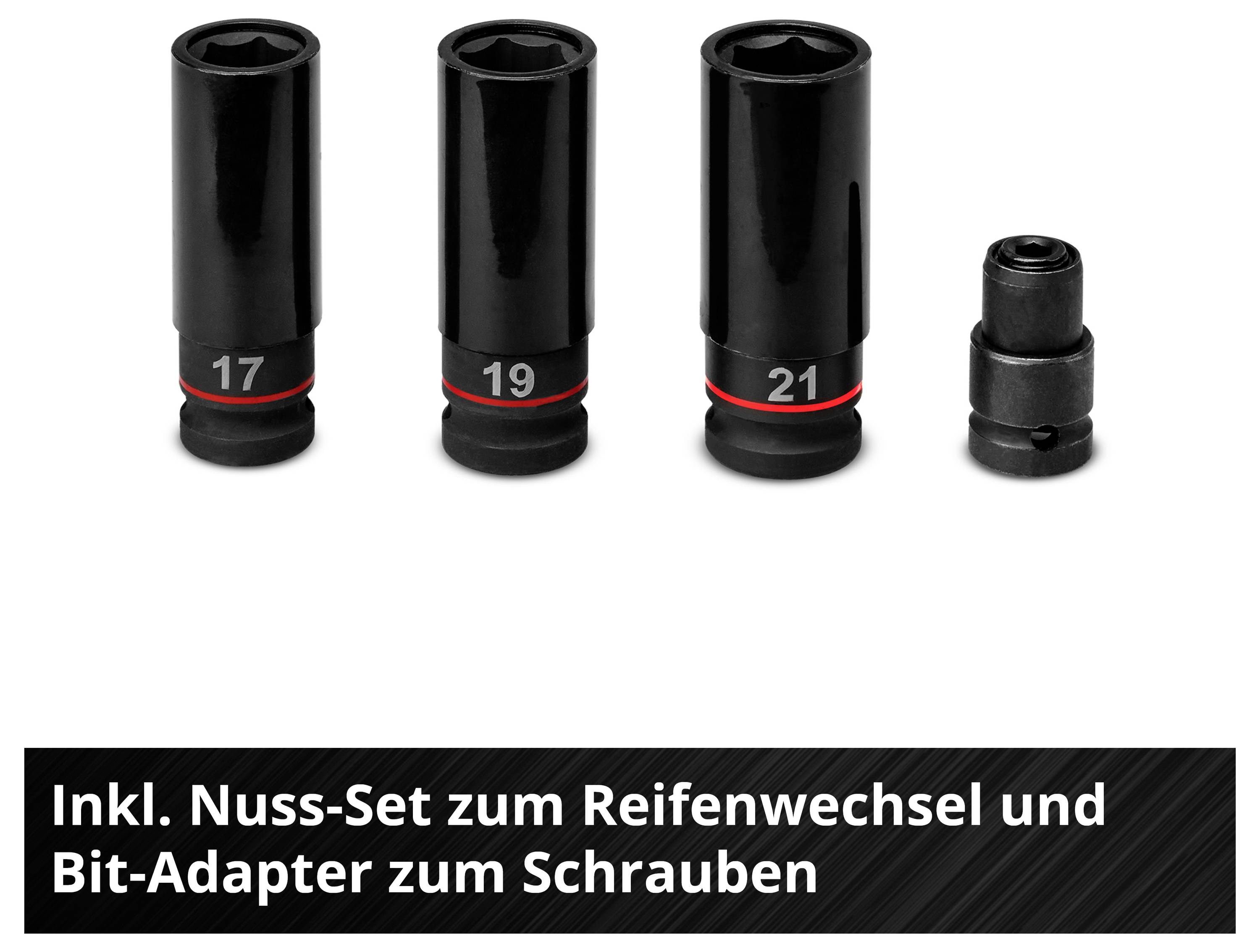 'Nuss-Set mit Bit-Adapter; Größen: 17, 19, 21. Zum Reifenwechsel und Schrauben.'