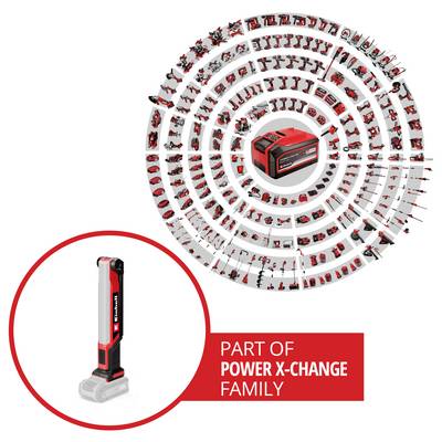 Eine Batterieplatform, umgeben von verschiedenen kompatiblen Werkzeugen, die eine Power X-Change Produktfamilie hervorhebt.