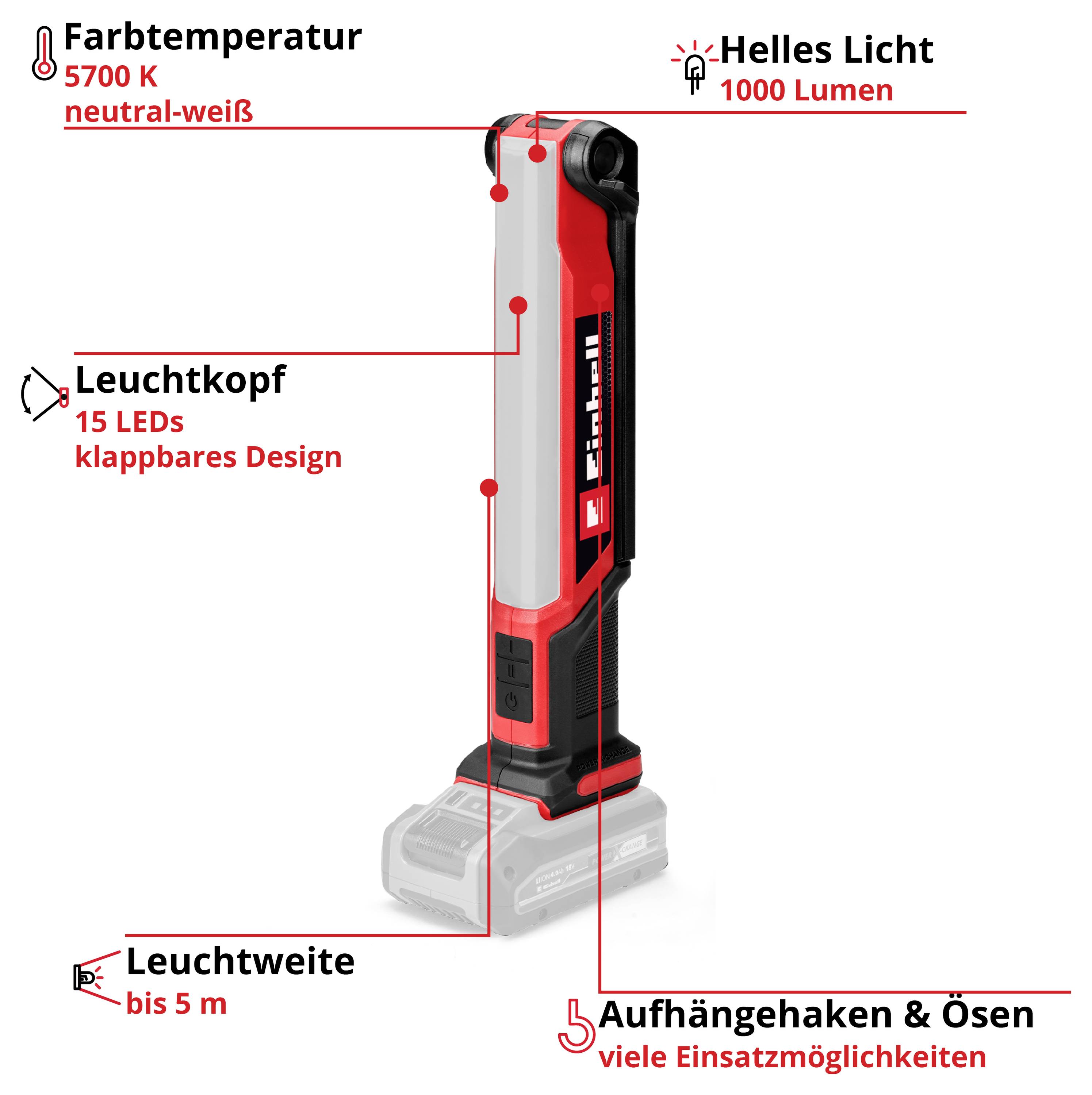 'Akku-Leuchte mit 15 LEDs, 5700K neutral-weiß, 1000 Lumen. Leuchtweite bis 5m, klappbares Design, Aufhängehaken und Ösen.'