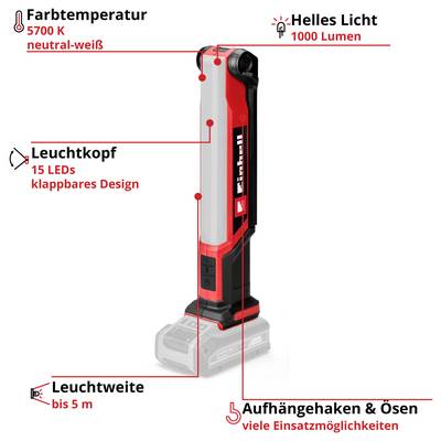 'Akku-Leuchte mit 15 LEDs, 5700K neutral-weiß, 1000 Lumen. Leuchtweite bis 5m, klappbares Design, Aufhängehaken und Ösen.'